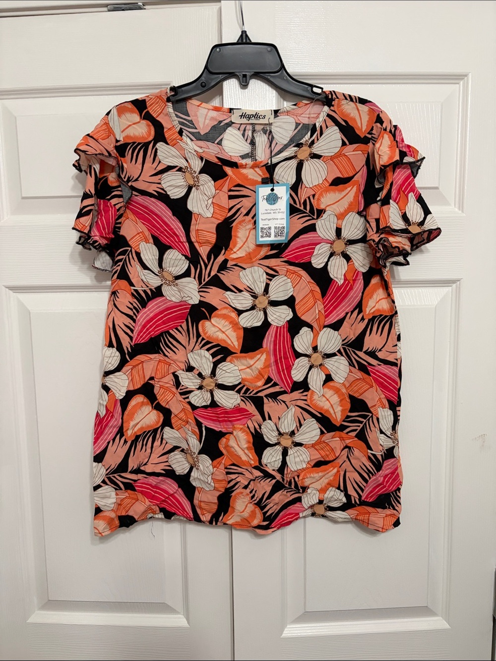 Haptics Black Floral Short Ruffle Sleeve Blouse - Orange & Pink